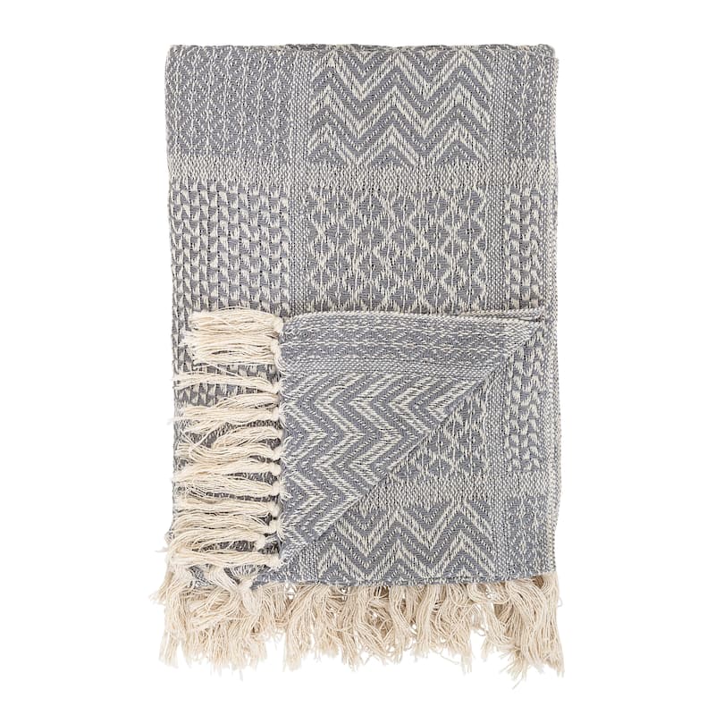 Cotton Blend Knit Throw with Fringe - Grey