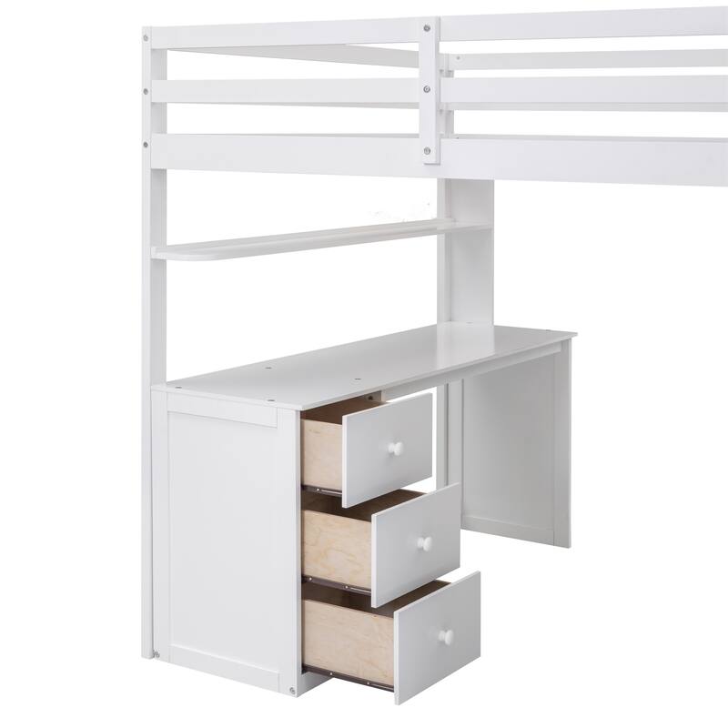Space-Saving Full Loft Bed with Drawers, Desk, and Wardrobe in White