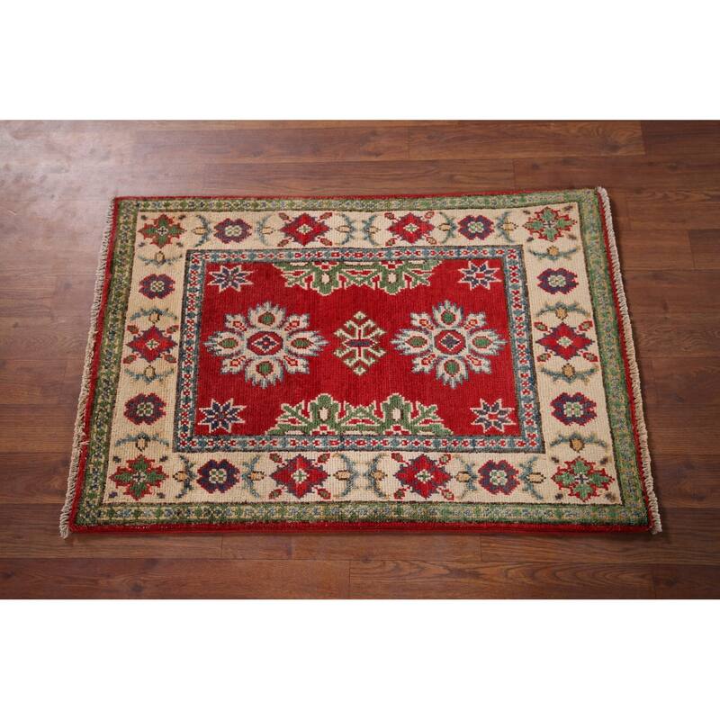 Red Geometric Kazak Oriental Foyer Rug Handmade Wool Carpet - 2'0" x 3'0"