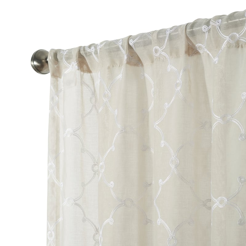Creative Home Ideas Selena Embroidered Sheer Rod Pocket Window Curtain Panel Pair with Tiebacks