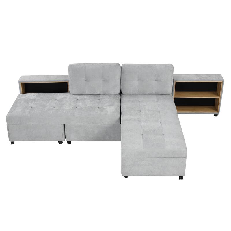 121.2" Versatile Modular Sofa Bed with 2 Storage Racks, Gray, Chenille Upholstered