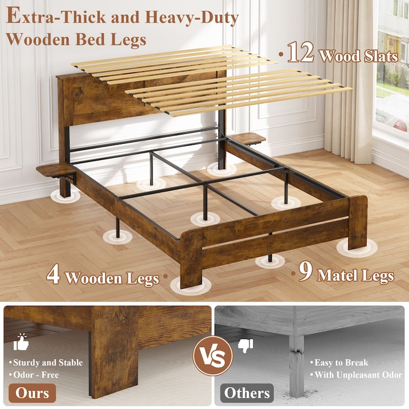 Wooden Platform Bed Industrial Bed Frame with Headboard/Small Night Light/Foldable Side Tables/Charging Station/Antique Natural