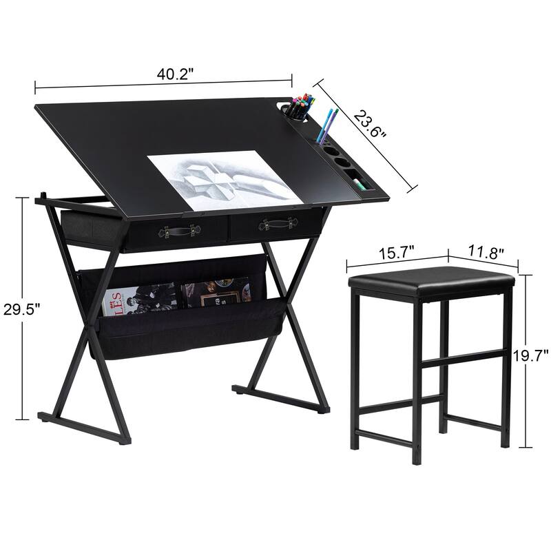 Javlergo Drafting Table Drawing Table Artist Desk Tilting Tabletop Art Craft Desk 2 Storage Drawers and Stool for Home Office