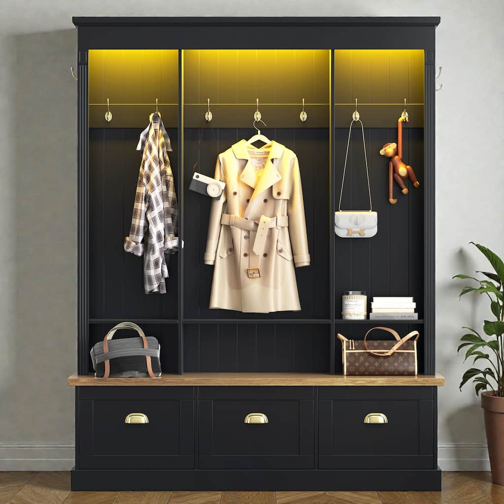 LED Hall Tree with Storage Bench, APP Controlled Light Entryway Organizer with 9 Hooks and Shoe Cabinets