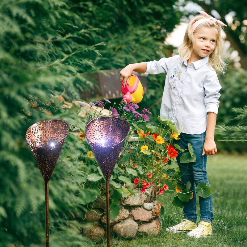 Adeco Set of 2 Metal Stakes with Solar Lights