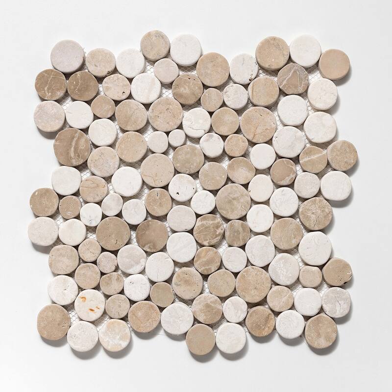 Cruz Bay Studio XD3R Penny Rounds - 11" x 11" Pebble and Rock Floor - Tan / Off-White