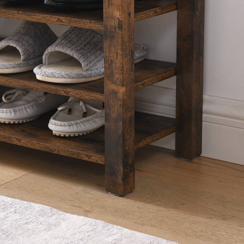 Height-Adjustable Rubberwood Shoe Bench with Storage - Vintage Style Entryway Organizer