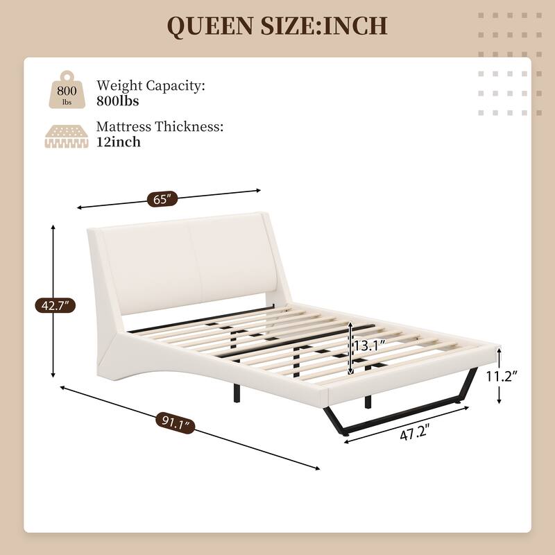 Wave-Like Curve Design Platform Bed Pu Leathe Upholstered Bed Frame Wooden Slat Support