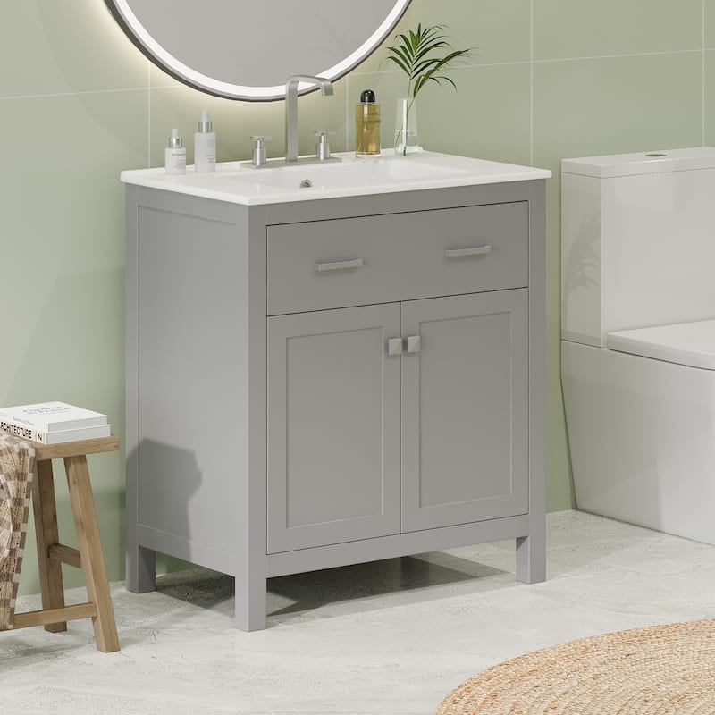30" Bathroom Vanity with Ceramic Sink, Modern Single Bathroom Cabinet with 2 Doors and a Shelf, Soft Close Doors
