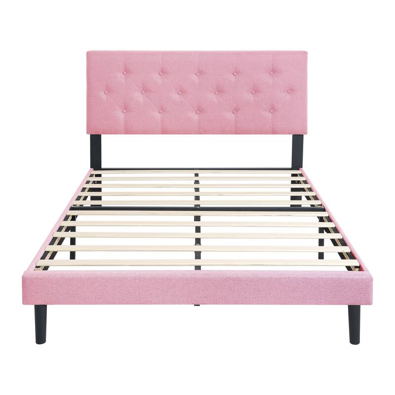 Queen Size Upholstered Platform Bed with Button Tufted Linen Headboard, No Box Spring Needed, Easy Assembly, Pink