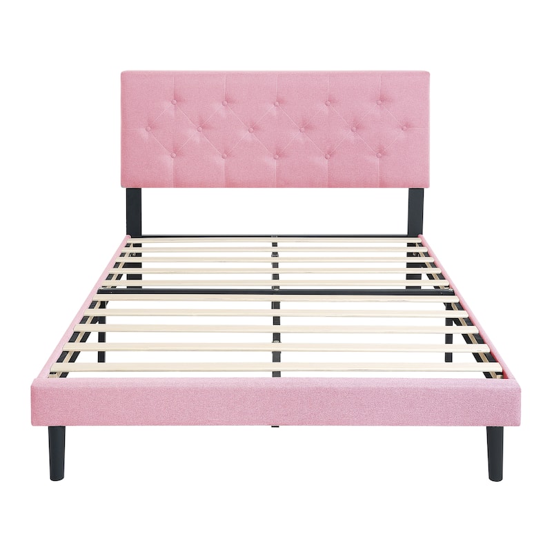 Upholstered Bed Frame with Button Tufted Linen Headboard