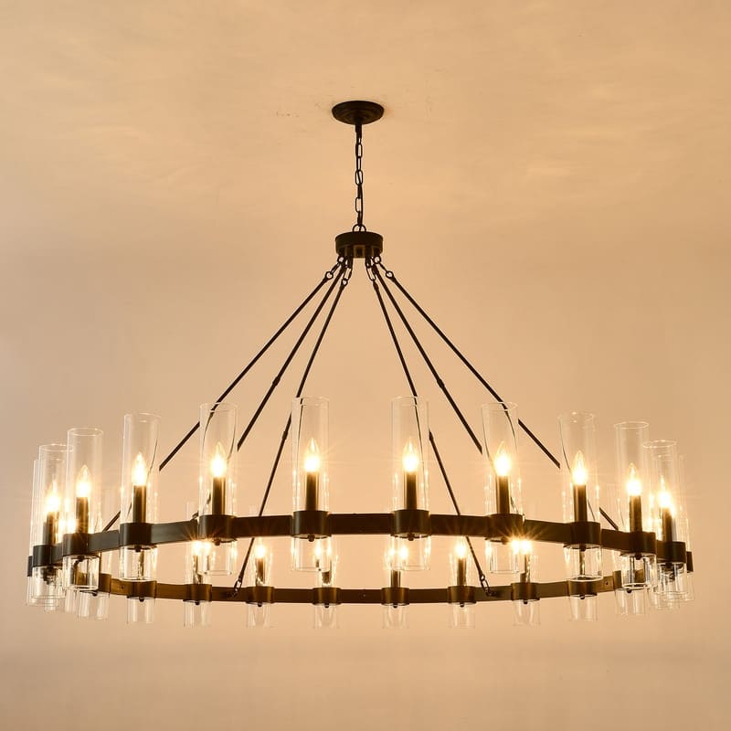 Black Wagon Wheel Chandelier with Glass Shades Adjustable Farmhouse Pendant Light for High Ceilings - 59