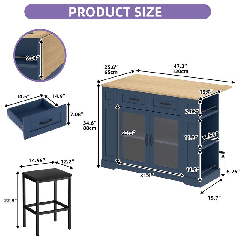 47 Inch Mobile Kitchen Island with 2 Seating Spaces Rolling Cart and Built-in Power Outlet for Convenient Storage and Dining