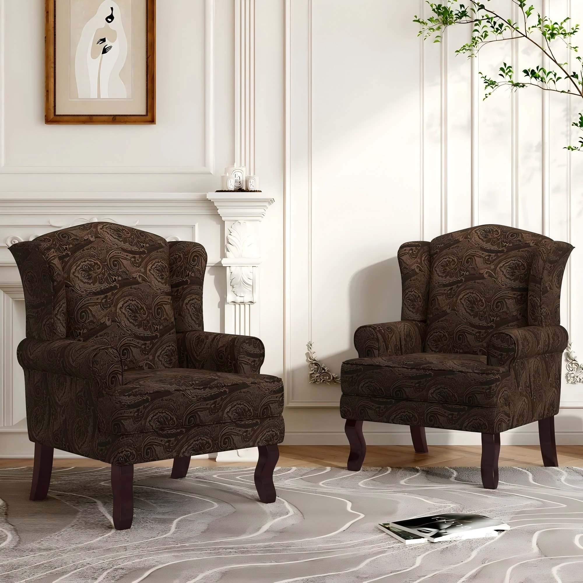 2 Set Traditional Rolled Arm Wing Back Accent Chair