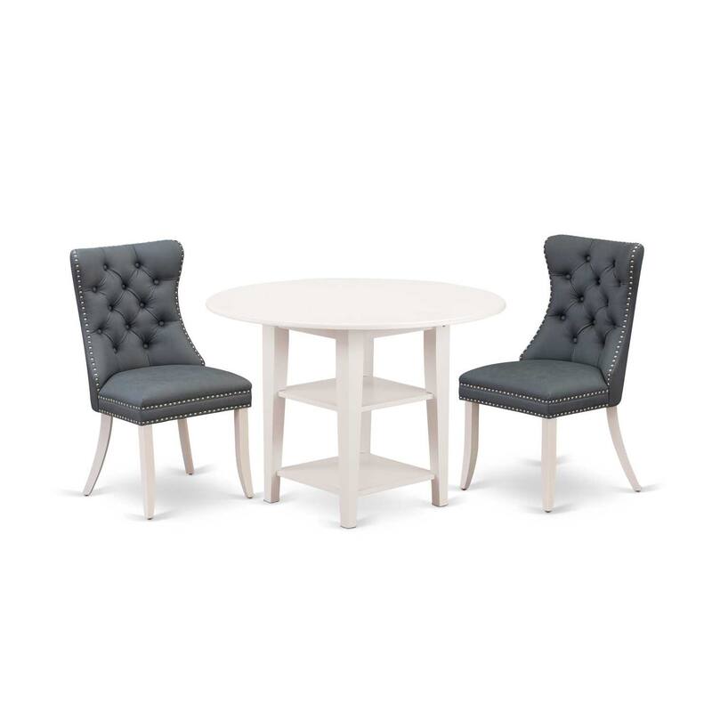 HomeStock 3-Pc Linen White Finish Round Solid Wood Top With Dropleaf Dining Table Set