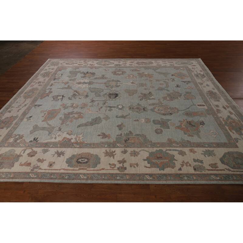 Blue Floral Oushak Turkish Area Rug Handmade Wool Carpet - 8'0"x 9'7"