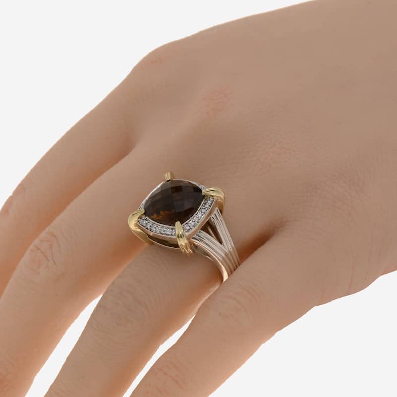 Charles Krypell Sterling Silver and 14K Yellow Gold, Cognac Quartz and White Diamond Statement Ring Sz. 7.25