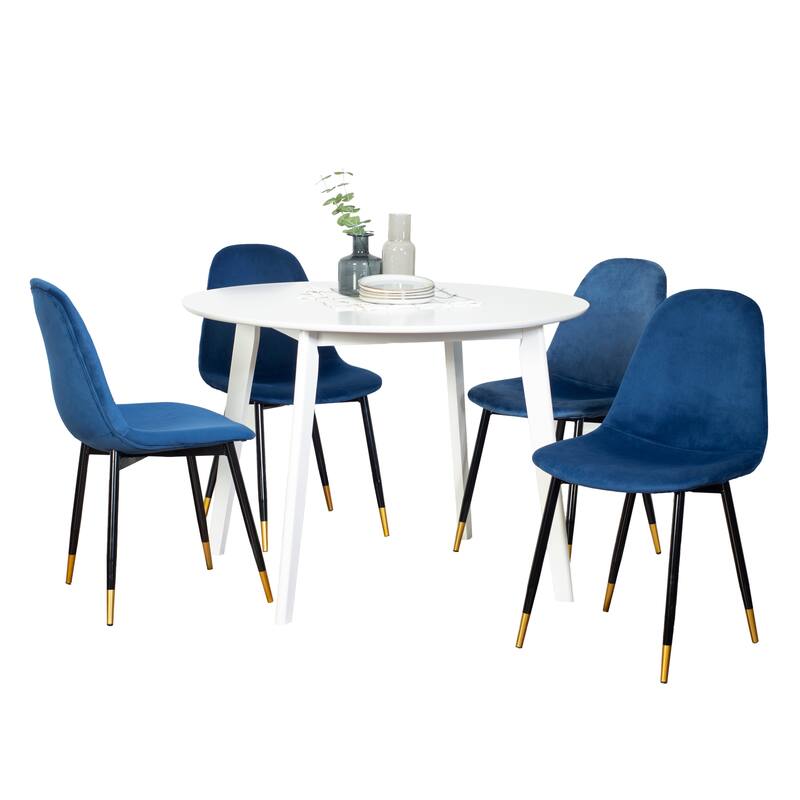 Modern 5-Piece Dining Set with Round Table & 4 Velvet Chairs - White+Blue