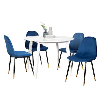 Modern 5 Piece Dining Table Set, White Round Dining Table, 4 Velvet Side Chairs, Casual Coffee Table, Seating Area