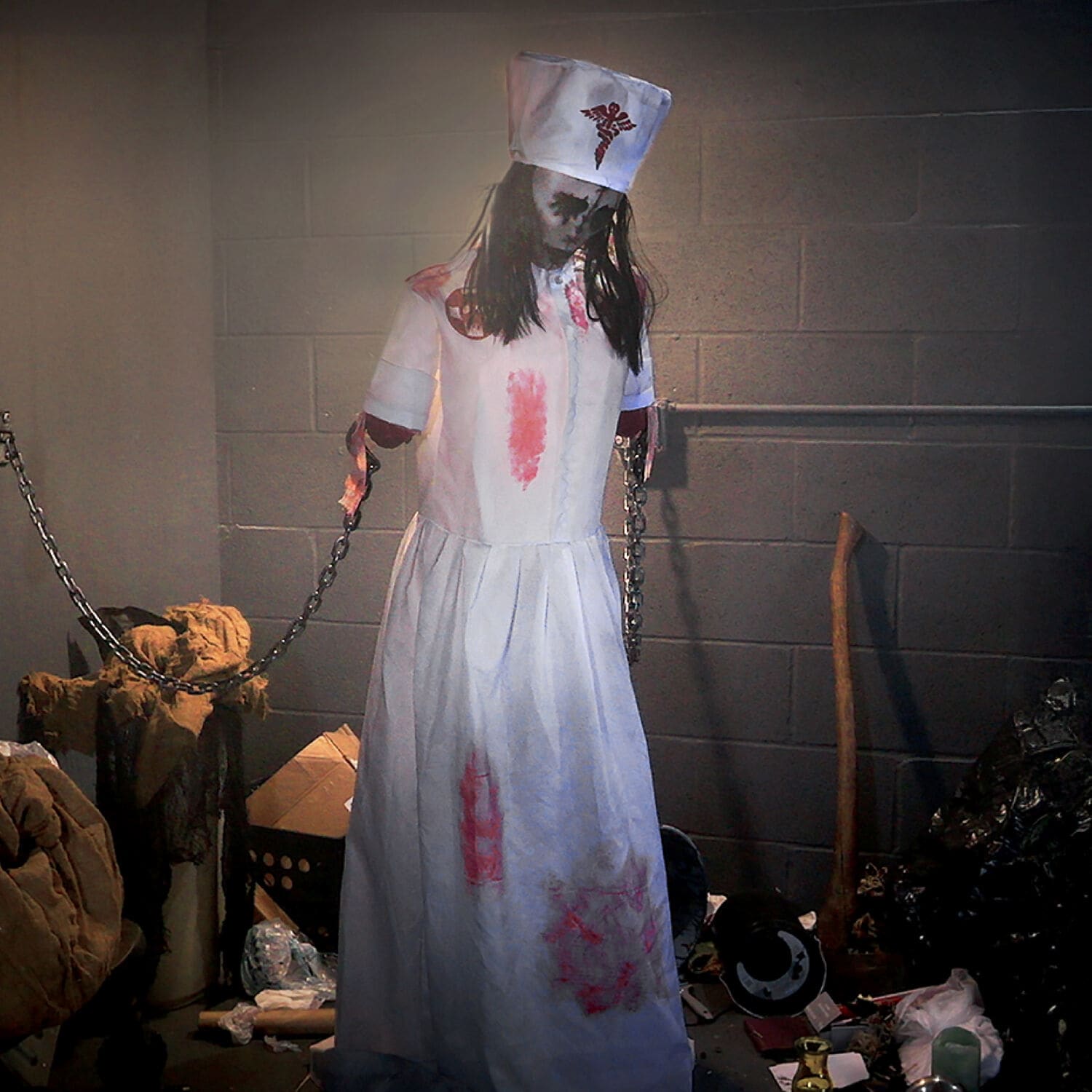 Haunted Hill Farm 5.2-Ft. Animatronic Convulsing Nurse by Tekky Halloween Decoration with Motion-Activated Sounds