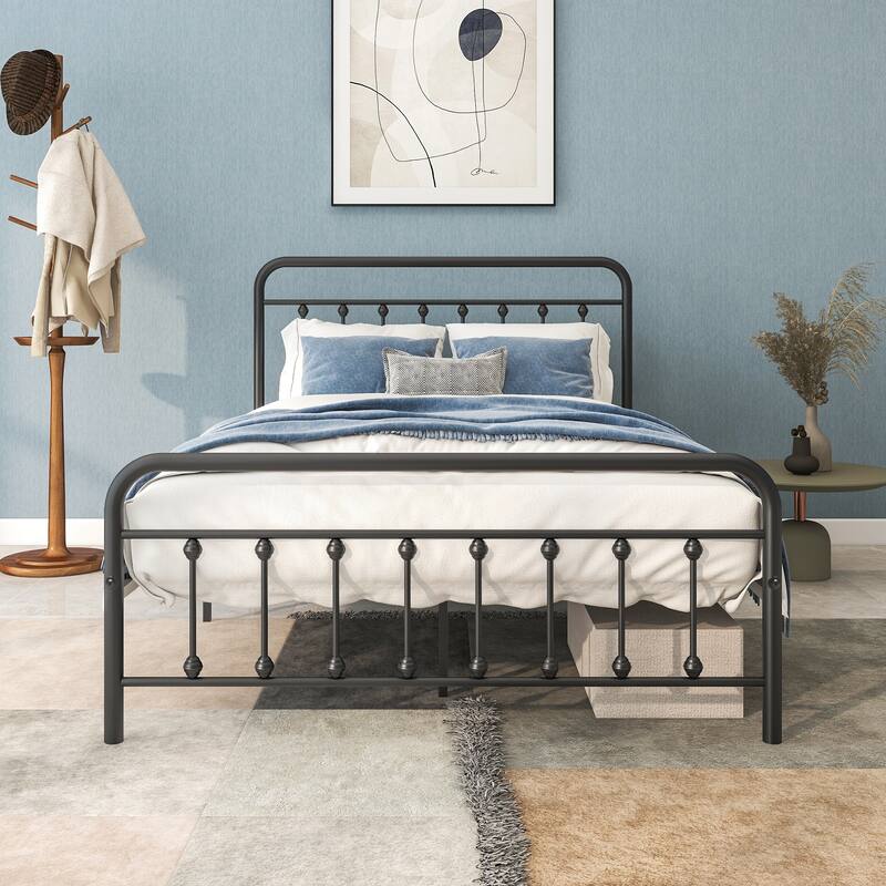 Victorian Style Metal Platform Bed Frame with Headboard, Footboard, and Under Bed Storage, Full Size Black - Black