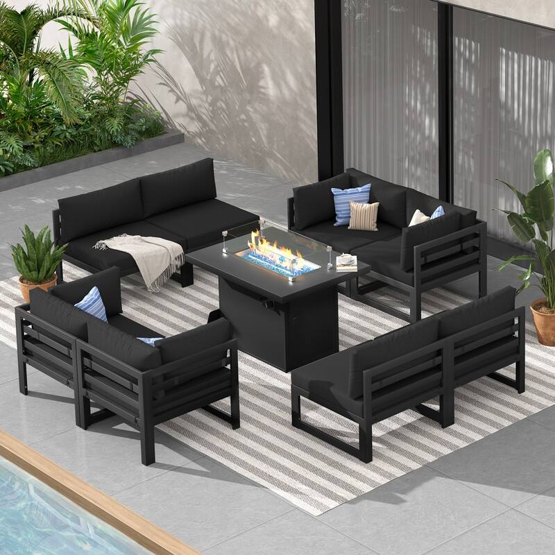 9-Piece Aluminum Outdoor Furniture Set With Fire Pit Table Propane/Natural Gas 60,000 BTU, Extra Large Aluminum Patio Sectional