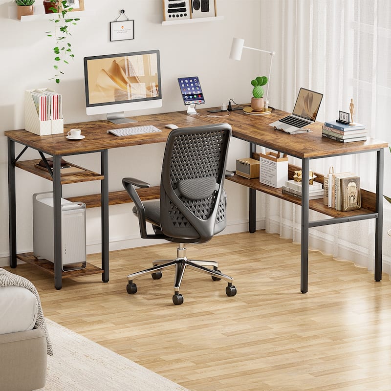 Reversible L Shaped Desk with Storage Shelves, Home Office Corner Desk with Charge Station