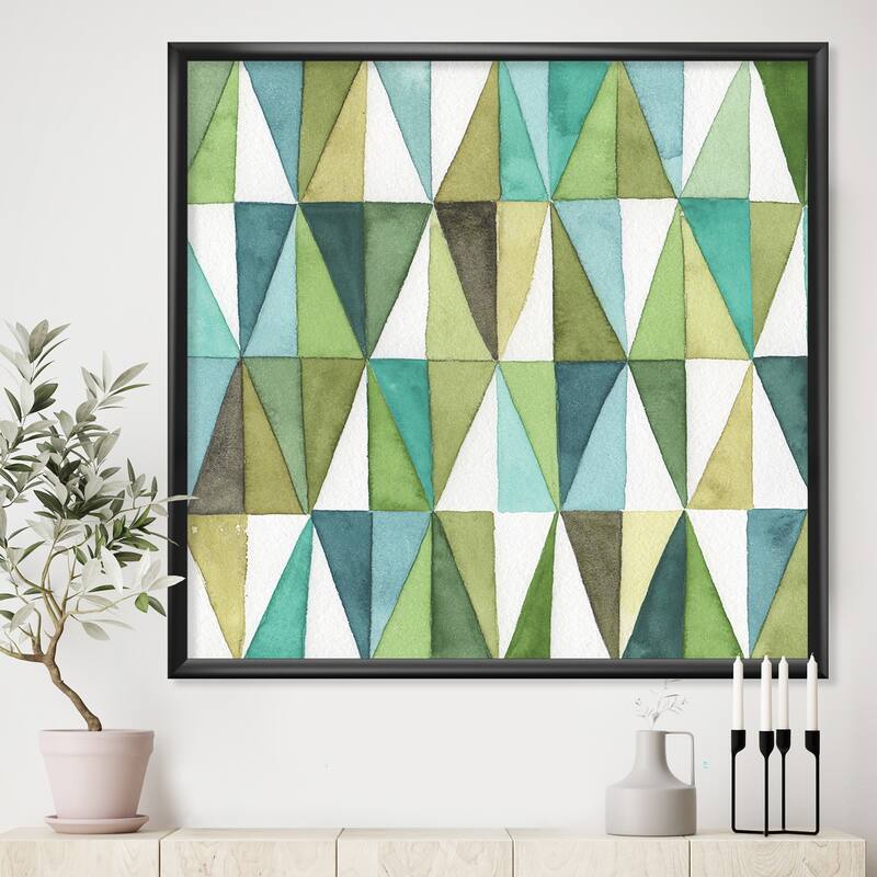 Designart "geometric Green Triangle III" Mid-Century Modern Transitional Framed Art Print - 16 in. wide x 16 in. high - Black