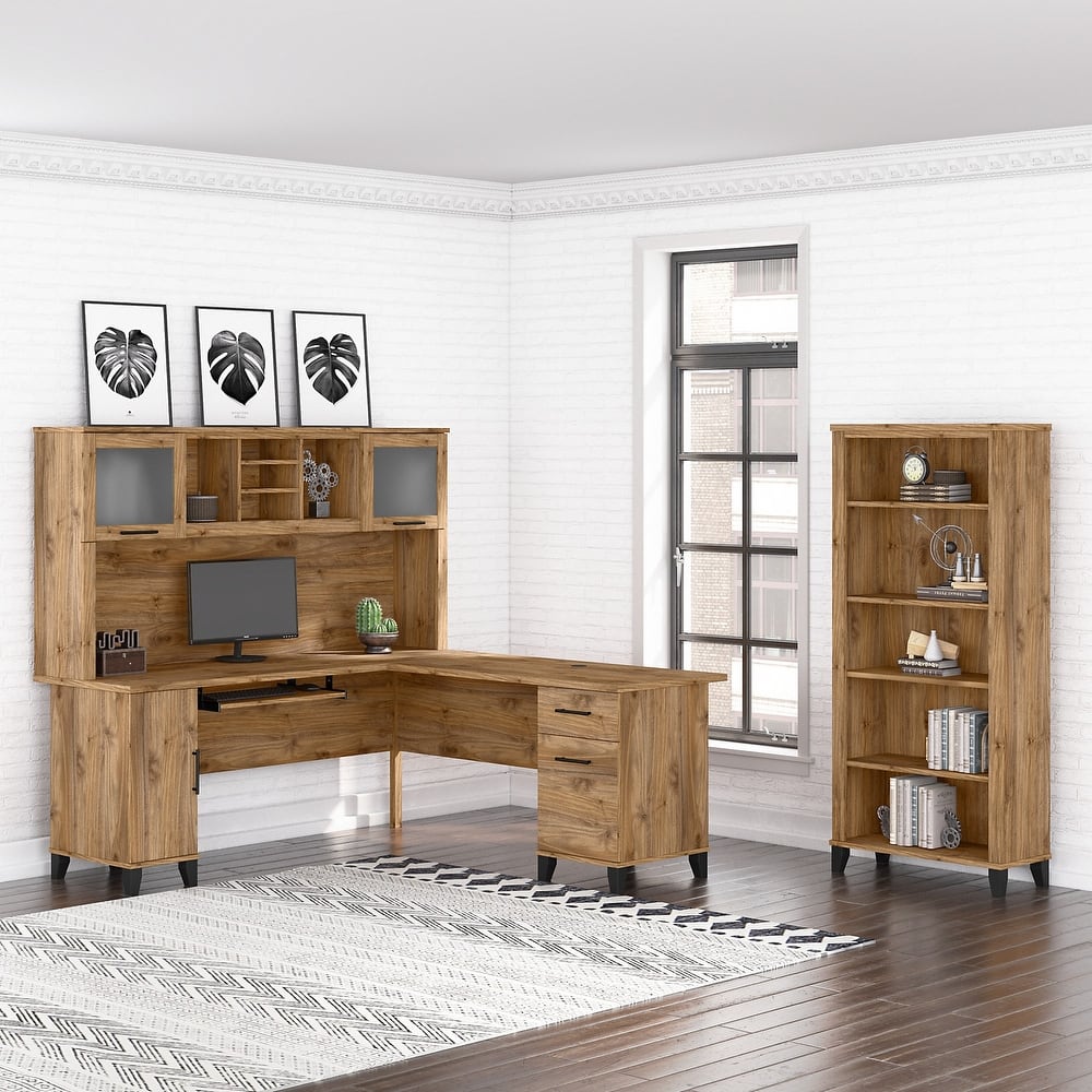 Somerset 72W L Shaped Desk with Hutch and 5 Shelf Bookcase
