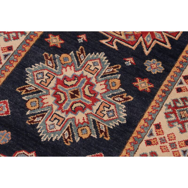 Southwestern Kazak Avery Blue/Beige Wool Runner - 2'8'' x 7'9''