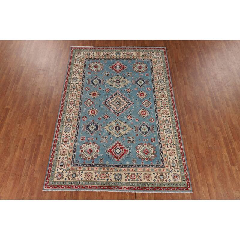 Light Blue Traditional Kazak Area Rug Handmade Wool Carpet - 6'8" x 9'6"