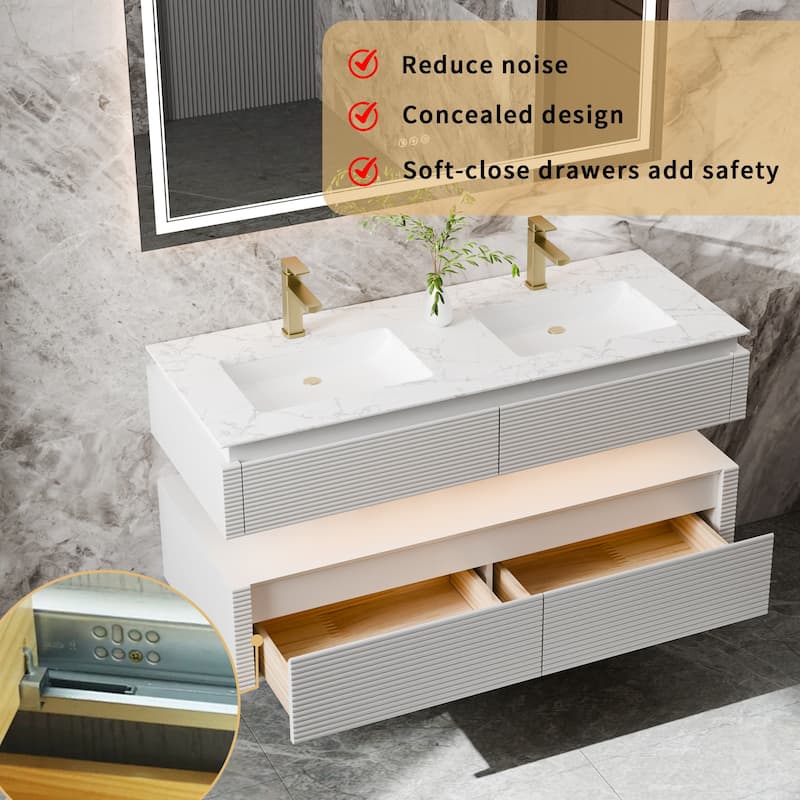 Modland 48" Modern Wall-Mounted Double Sink Bathroom Vanity with Engineered Stone Countertop,LED Light