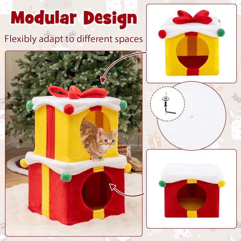 Cute Christmas Cat House 2 Gift Box with Bow, Perfect Holiday Cat Bed - 15.5" x 15.5" x 13"