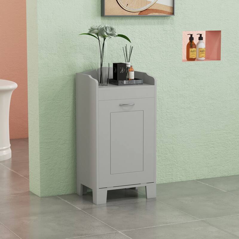Grey MDF Tilt-Out Laundry Hamper Cabinet with Top Storage Shelf - 15.75" W x 11.75" D x 31" H - Grey