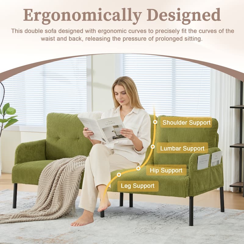 HOMEFUN Corduroy Upholstered Oversized Wood Frame Loveseat Sofa with Metal Legs and Side Pockets
