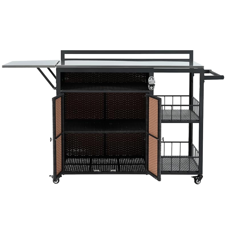 63.5" Outdoor Kitchen Island with Foldable Stainless Steel Tabletop, Outdoor Rattan Grill Cart with Open Shelves & Bottle Opener