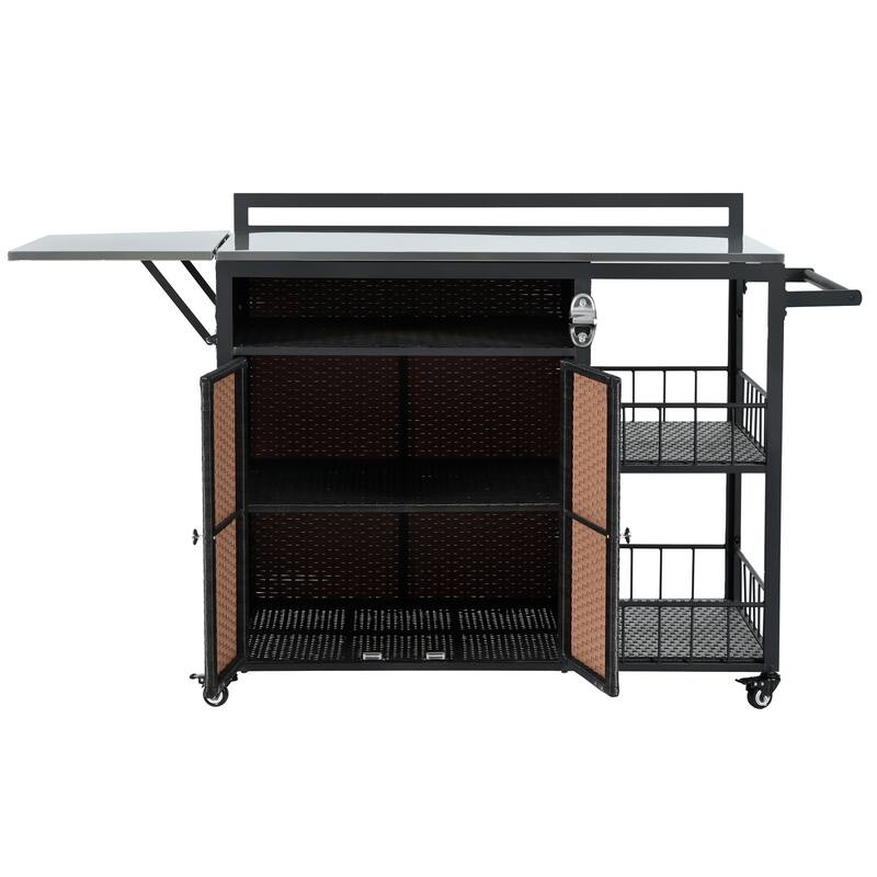 Roomfitters 63.5" Outdoor Kitchen Island Grill Cart with Foldable Side Tabletop and Ample Storage, Dark Brown