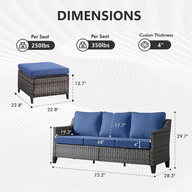 Meyreso Gray Wicker 3-Seat Patio Sofa with 4-Inch Thick Cushions and ottomans