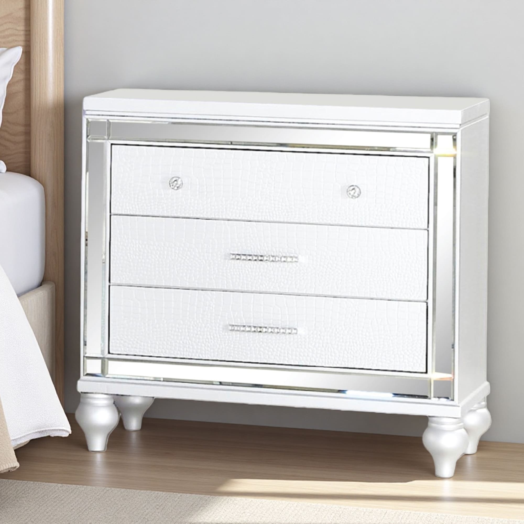 26"L Wood Nightstand with Beveled Mirror Framing, Textured Crocodile Finish, Crystal-Inspired Pulls, 3-Drawer Bedside Table