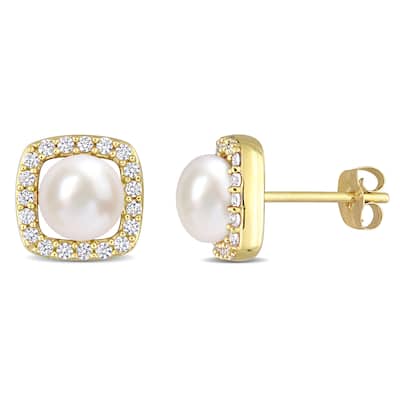 Miadora 6-6.5 mm Cultured Freshwater Pearl and 3/8 CT TGW Created White Sapphire Halo Earrings in 10k Yellow Gold