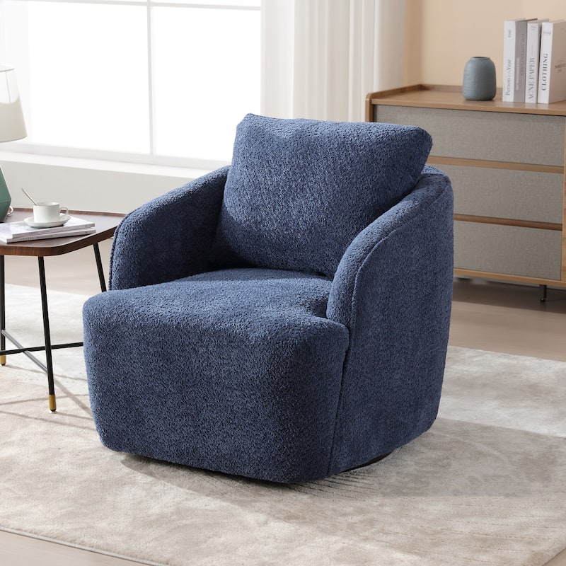 Boucle Fabric Upholstered Swivel Barrel Armchair With Pillow - Navy