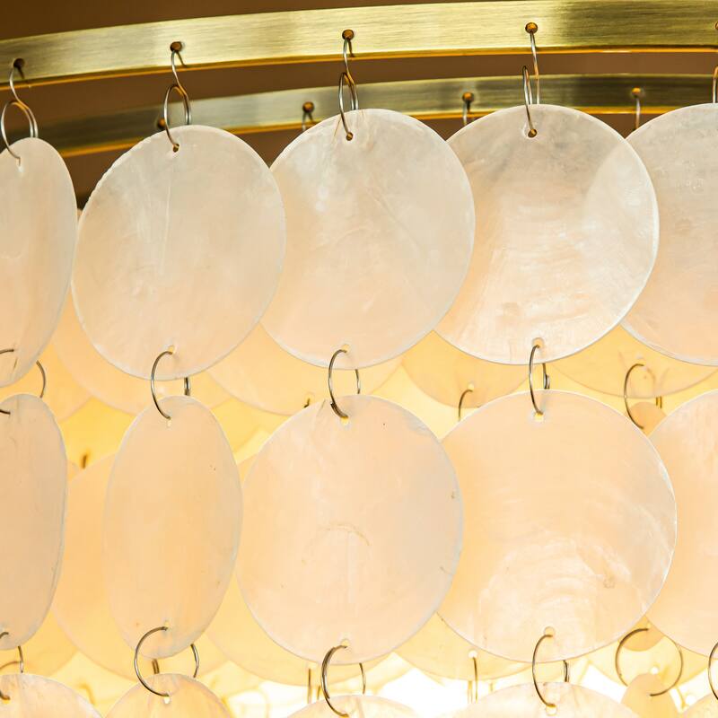 6-Light Coastal Natural Capiz Shell Tiered Flush Mount Ceiling LIght With Antique Gold Metal