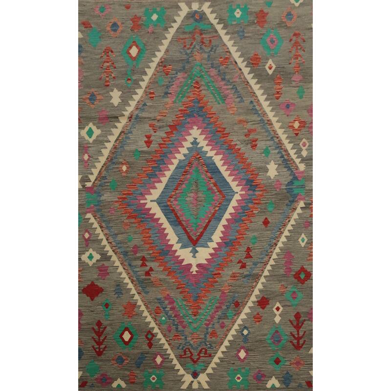 Hand Woven Oriental 100% Wool Carpet Southwestern Tribal Greys & Charcoal Kilim Area Rug - 9' 9'' X 6' 6''