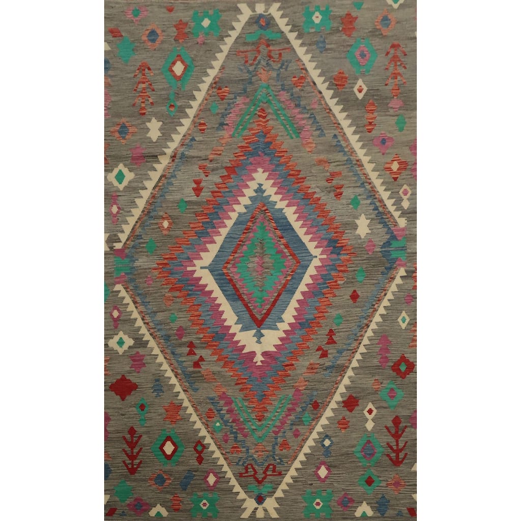 Hand Woven Oriental 100% Wool Carpet Southwestern Tribal Greys & Charcoal Kilim Area Rug - 9' 9'' X 6' 6''