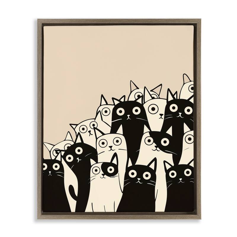 Stupell Fun Modern Black & White Cats Framed Floater Canvas Wall Art Design By Arlington Prints - 17 x 21 - Brown