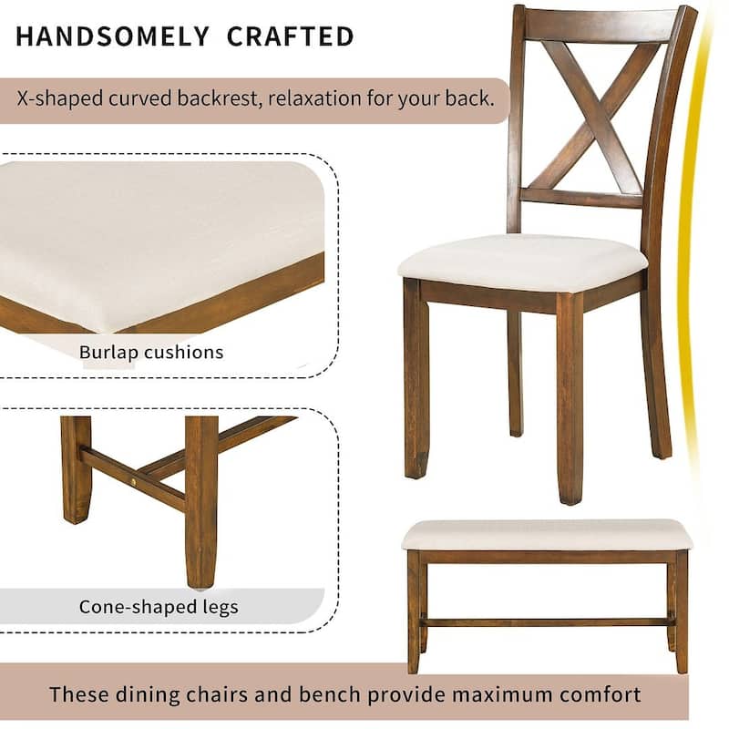 60'' Rectangular Dining Table with 4 Upholstered Chairs and Bench