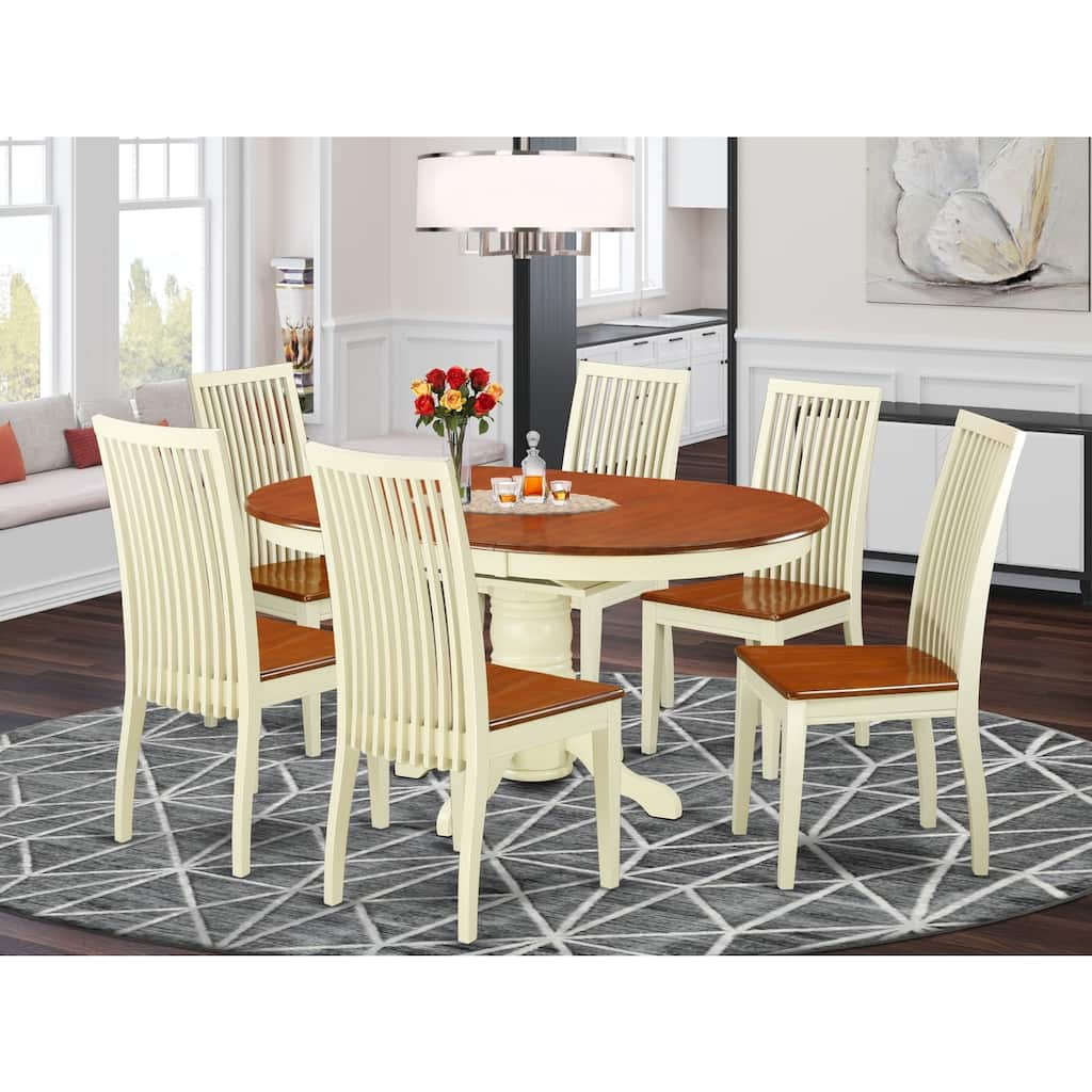 HomeStock 7-Piece Buttermilk and Cherry Finish Solid Wood Top Dining Table with 6 Chairs with Lattice Back