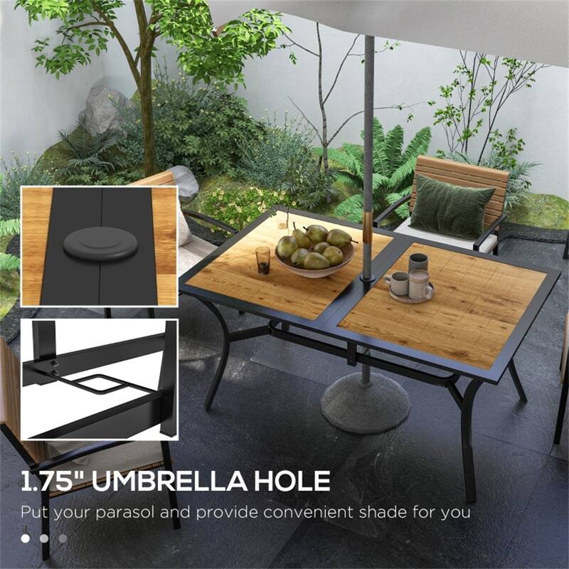 Brown Wood Grain Black Steel 6 Seater Outdoor Dining Table with Umbrella Hole - 59" L x 35.5" W x 28.75" H