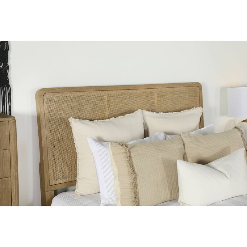 Arini Coastal Wood Panel Bed with Rattan Headboard and Footboard