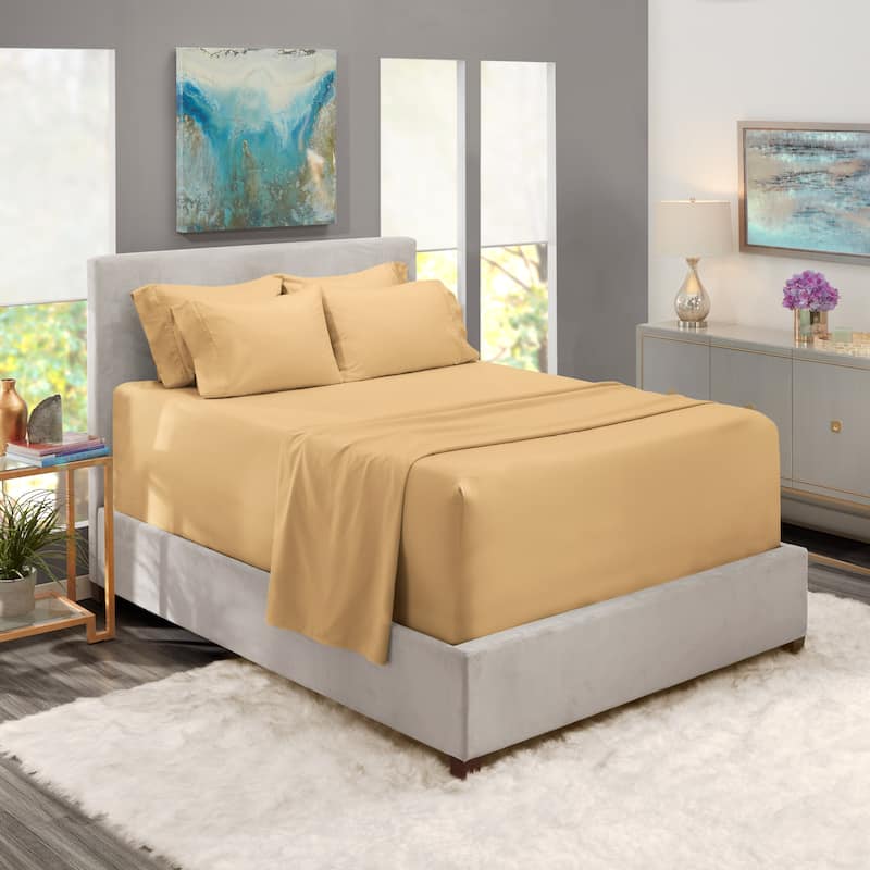 Empyrean Extra Deep Pocket Bed Sheet Set - Breathable, Super Soft Sheets with Extra Set of Pillowcases - Split King - Camel Gold